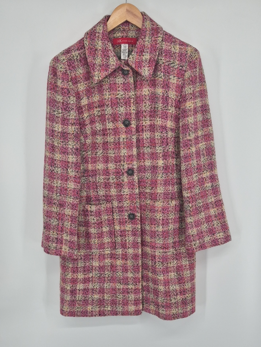 Anne Klein Pink Tweed Plaid Coat Wool Blend Classic Collar Button Down Size 12